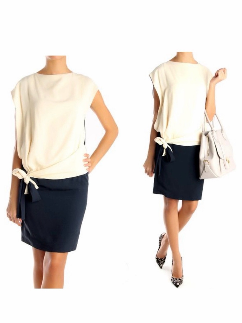 Chloé White Black Midi Dress Colorblock Sash Tie 6 Boho Office Cocktail Party 🟡